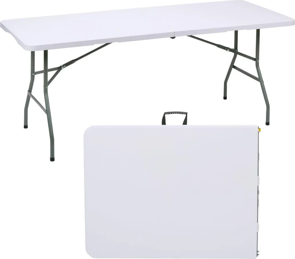 Table pliante 180x70x74 cm blanche avec poignée et verrou de sécurité