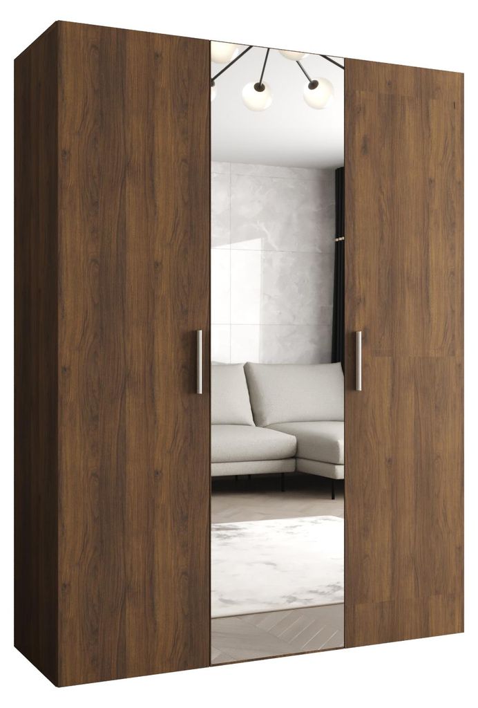 MEBLE KRYSPOL Schrank 150x202x52 cm mit Kleiderstange & Spiegel, 3xTür, BARI, Warmia-Nuss, Griff Silber