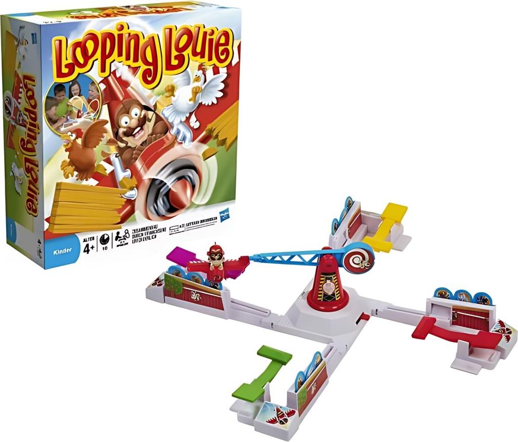 A product shot of the Looping Louie board game, showing both the game box and the assembled game.