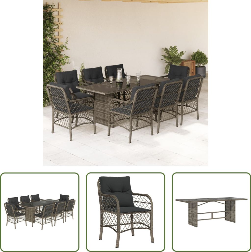 The Living Store 9-tlg. Garten-Essgruppe mit Kissen Grau Poly Rattan