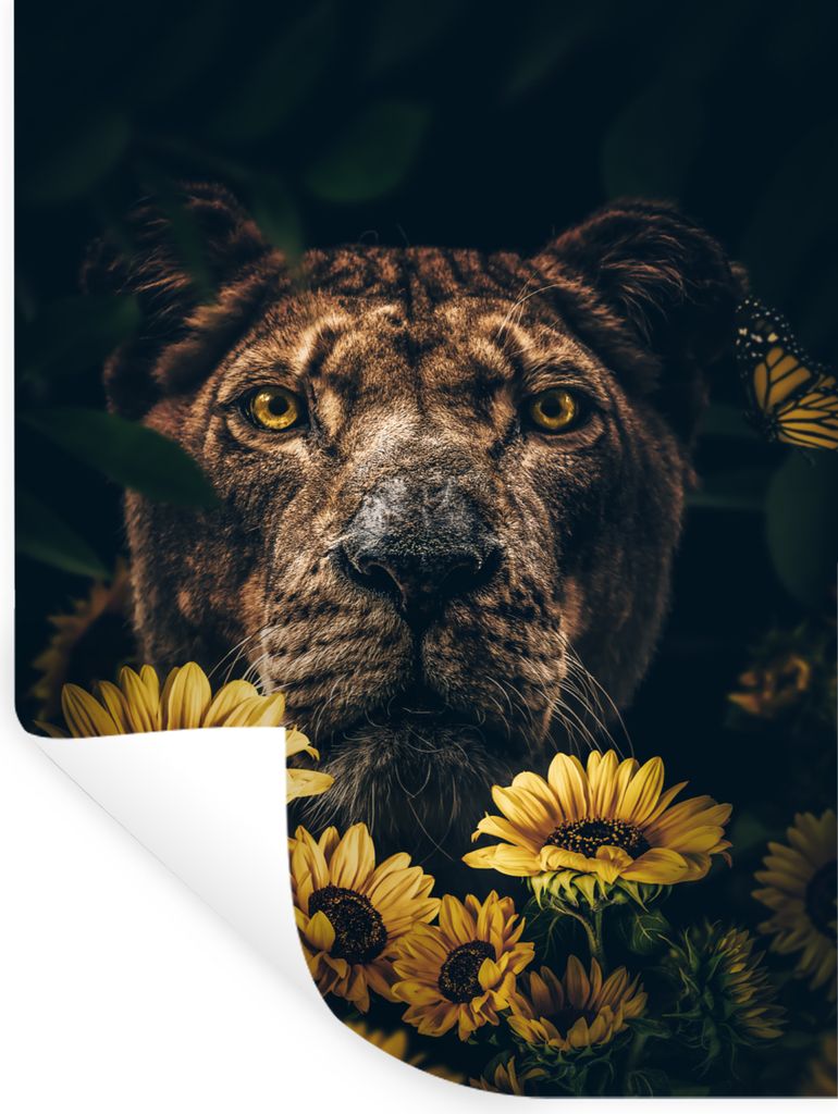 MuchoWow Wandtattoo Wandsticker Wandaufkleber Löwe - Blumen - Tiere - Botanisch 30x40 cm Selbstklebend und Repositionierbar - Sticker - Dekorfolie