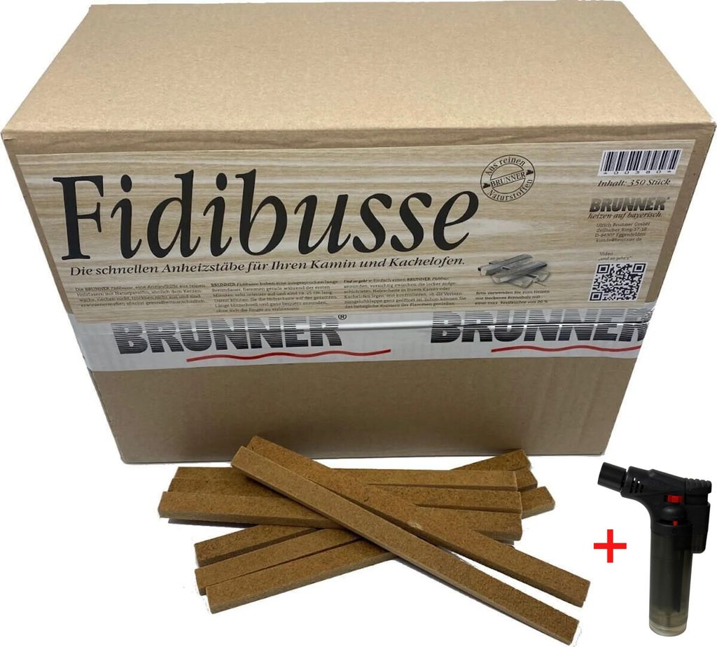 350 Brunner Fidibusse Kamin, Ofen & Grill Anzünder - 1x Großpackung inkl. Gas Sturmfeuerzeug