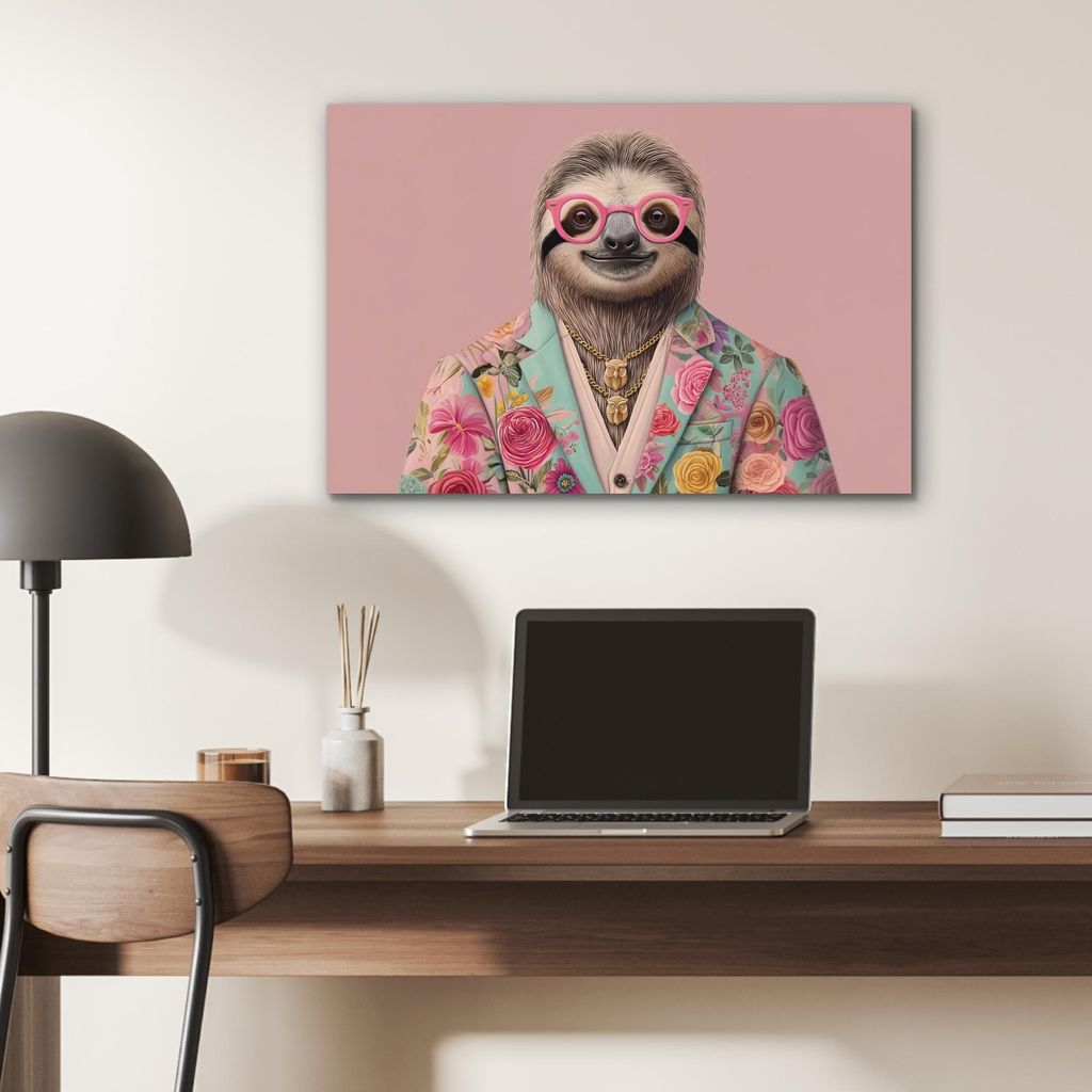 MuchoWow Wanddekoration Metall Metallbild Wandkunst 60x40 cm Faultier - Blumendruck - Brille - Rosa MuchoWow Aluminium Gemälde - Gemälder