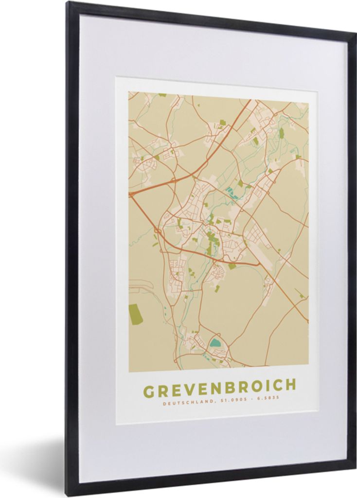 MuchoWow Gerahmtes Poster Jahrgang - Grevenbroich - Karte - Stadtplan 40x60 cm - Poster mit Schwarzem Bilderrahmen Wandposter Rahmen Foto Bilder ...