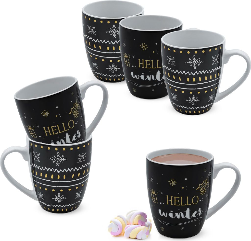 1.04 Kaffeetassen WINTER im 6er Set - je ca. 300ml - Kaffee Becher schwarz winterlich (3x2er)