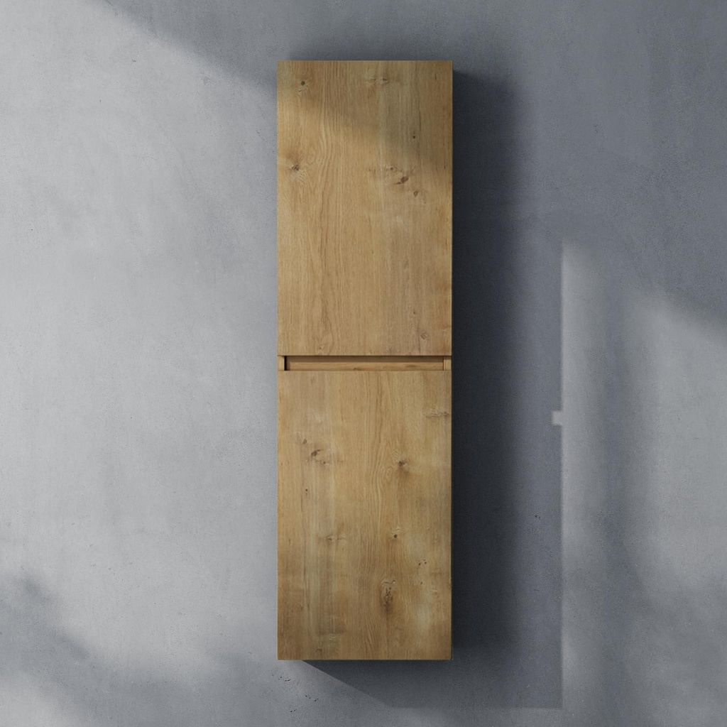 A tall, narrow wooden cabinet mounted on a concrete wall.