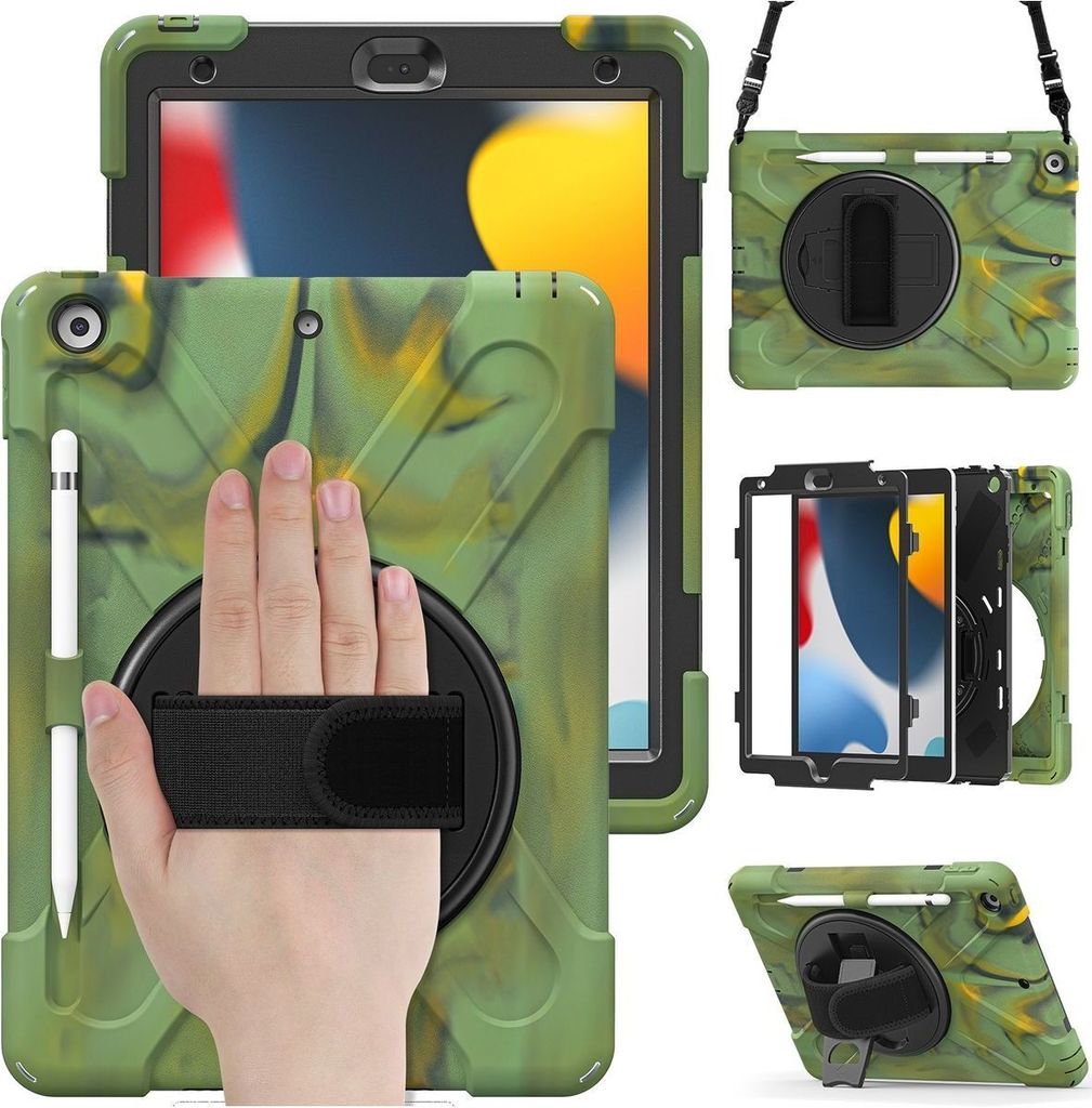 Mobigear SureGrip XGuard iPad 8 (2020) Hülle Kunststoff,Silikon Backcover + Stifthalter + Schulterträger + Ständer - Camouflage