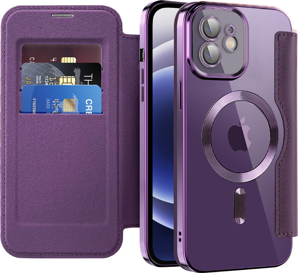 A purple iPhone 12 case with a card holder and MagSafe compatibility is shown open, displaying the inside card slots and the back of the case with the Apple logo.