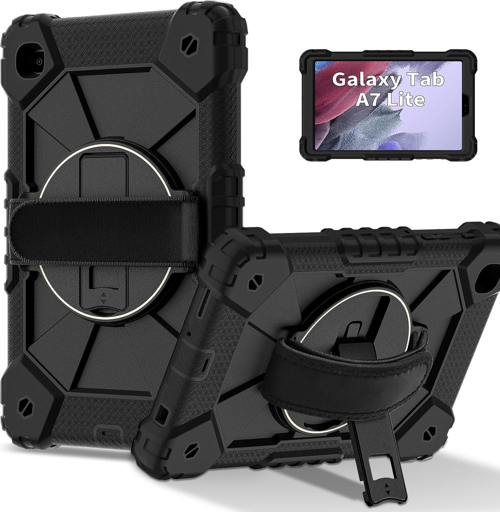 Hülle für Samsung Galaxy Tab A7 Lite 8,7" 2021 SM-T220/T225/T227 Tablette Schutzhülle Stoßfeste mit 360 Drehbarer Handschlaufe/Ständer Schwarz