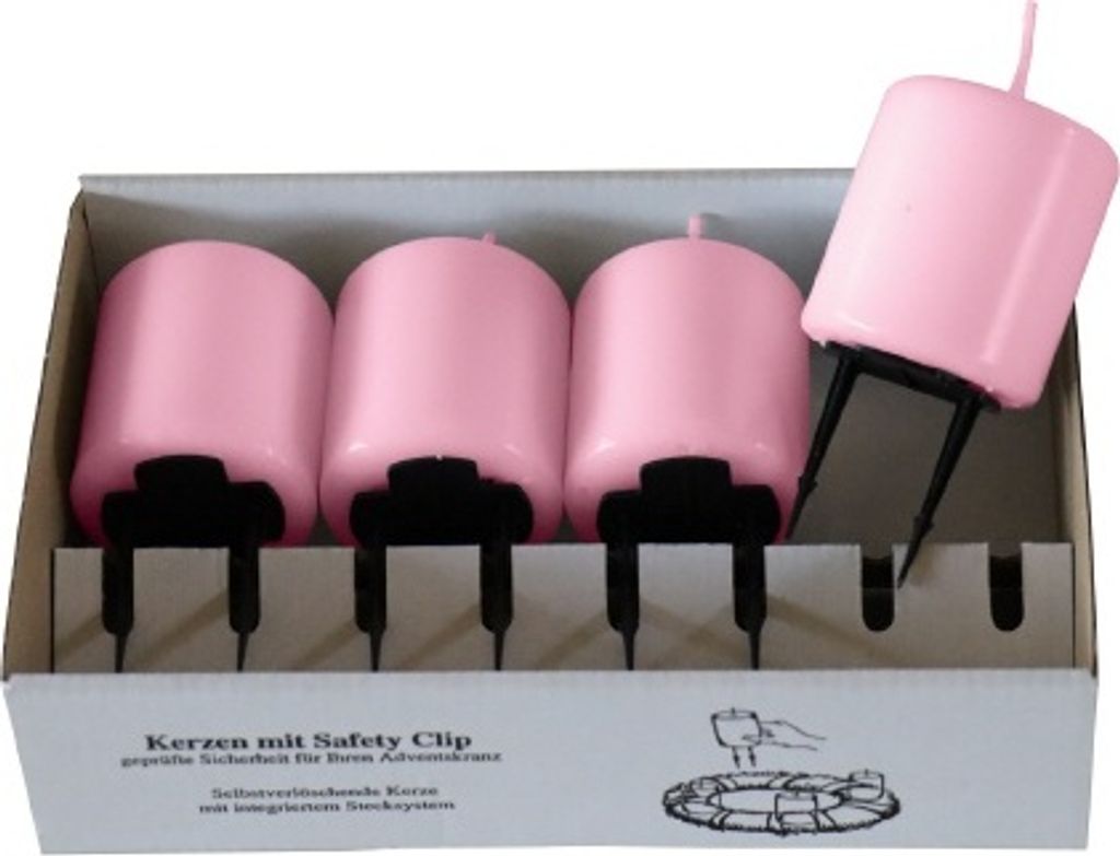 4er Set Adventskerzen, Stumpenkerzen mit Safety Clip und Kerzenstecker (Haltekrallen) Rosa 8 x ? 5 cm