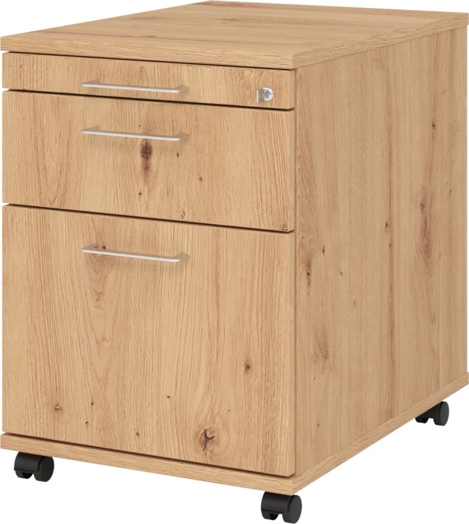 bümö office Rollcontainer - mit Hängeregistratur - Nachbildung: Asteiche, Griff: Bügelgriff (Metall)