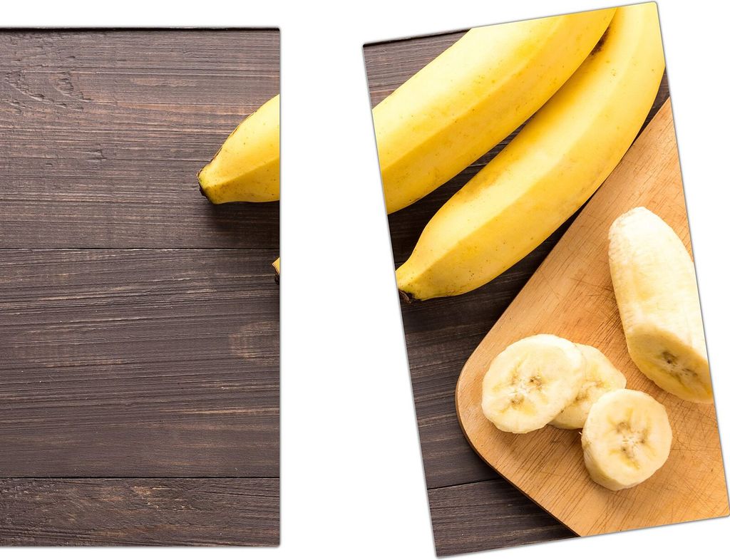 Spritzschutz Herdabdeckplatte Schneidebrett aus Glas Banane auf Schneidebrett 2-Teilig (60x52cm)