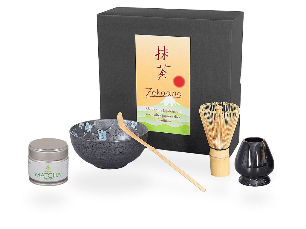 Matcha Set / Matchaset / Matcha Schale 250ml, anthrazit/blau, mit Besen/Löffel/Halter/Tee in Geschenkbox
