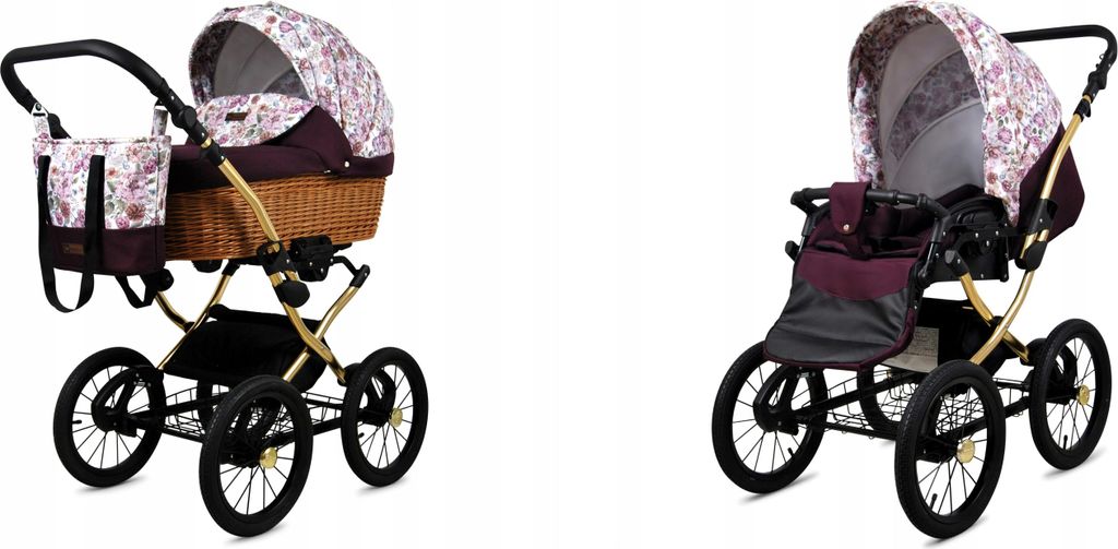 Babylux Classic Gold | 2in1 Kinderwagen Set | Maroon Flowers | Kombikinderwagen | Kinderwagense