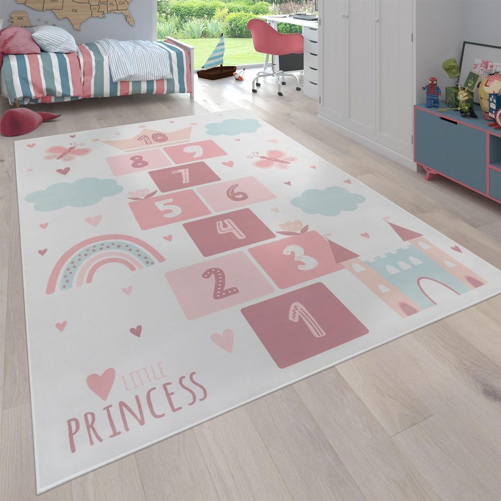 Kinderteppich waschmaschinenwaschbar Prinzessinnen‐Hüpfkästchen‐Muster Kinderzimmer schmutzabweisend Creme Rechteckig 80x150 | 100% Polyester