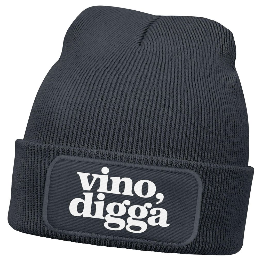 Herren Beanie Strickmütze mit Spruch Aufdruck Lustig Vino Digga Mütze Männer Geschenk Weinliebhaber Moonworks