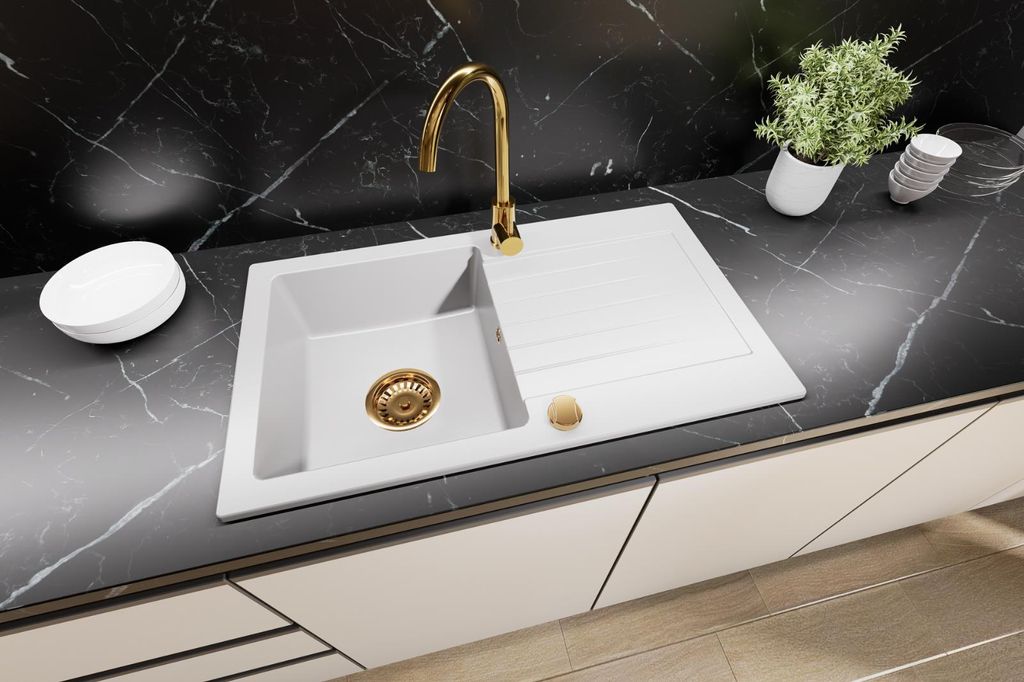 Granitspüle Küchenspüle mit Siphon und Armatur Gold Produktbild 