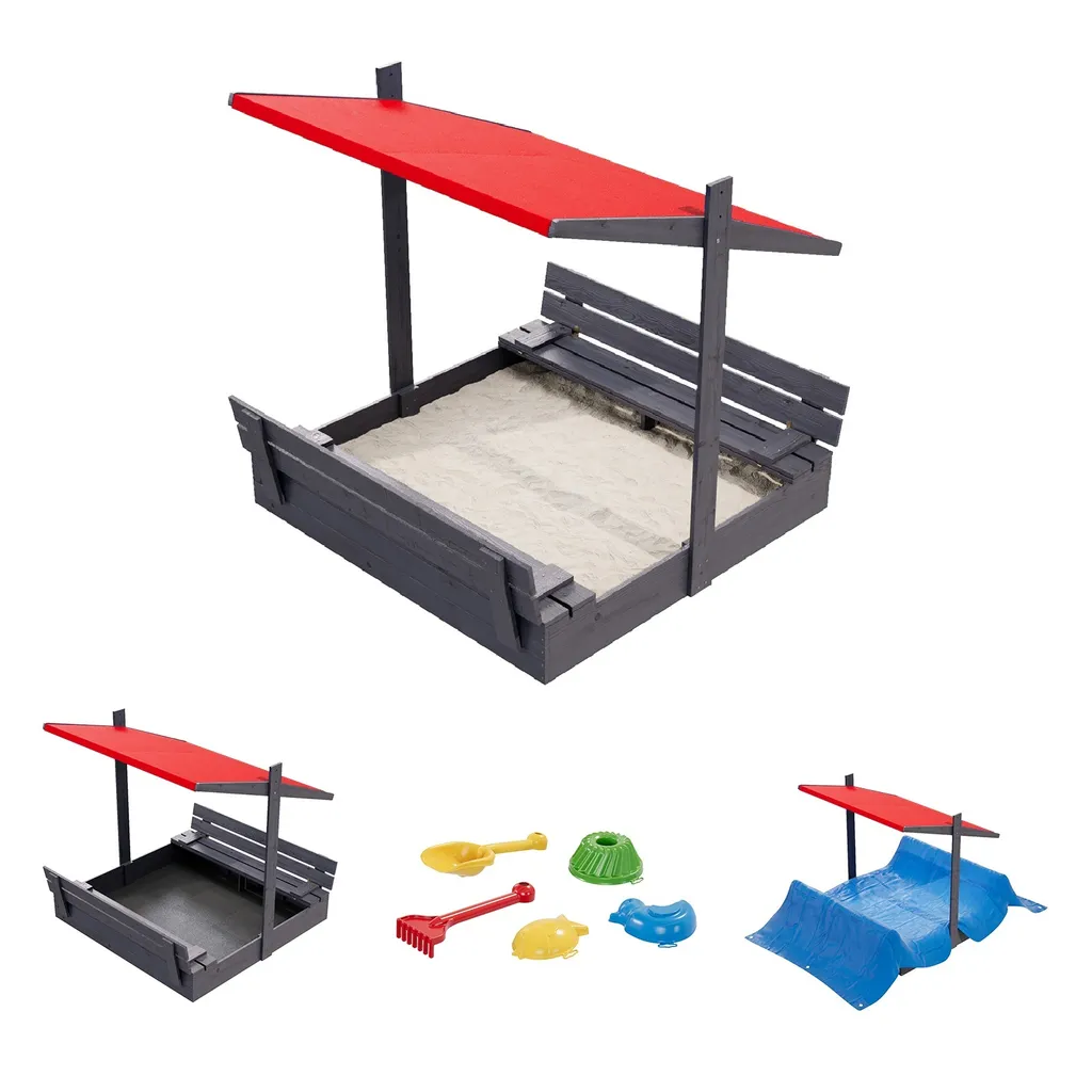 Bac à sable en bois QLS 120 cm avec banc et toit rouge imprégné 11289