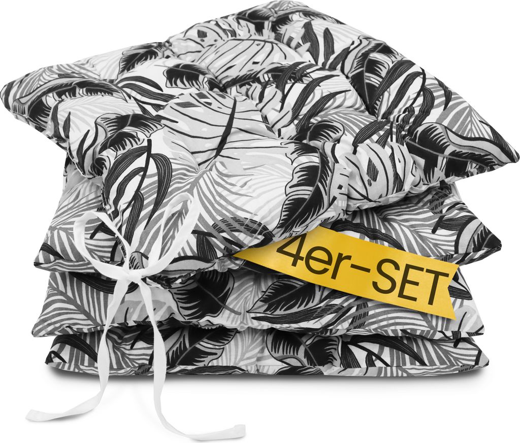 Amilian Stuhlkissen 4er set 40x40 mit Band - Sitzkissen Outdoor Indoor - Sitzkissen 40x40 - Sitzpolster Outdoor - Sitzpolster Outdoor / Monstera Grau