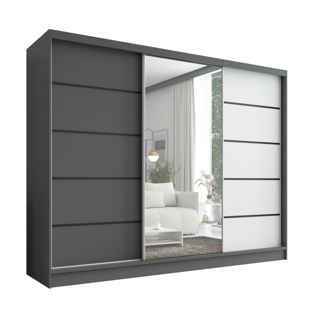 Schwebetürenschrank, 3-türig Schrank 200 cm mit Spiegel ARIVA 2 (Graphit, Weiß , Graphit)