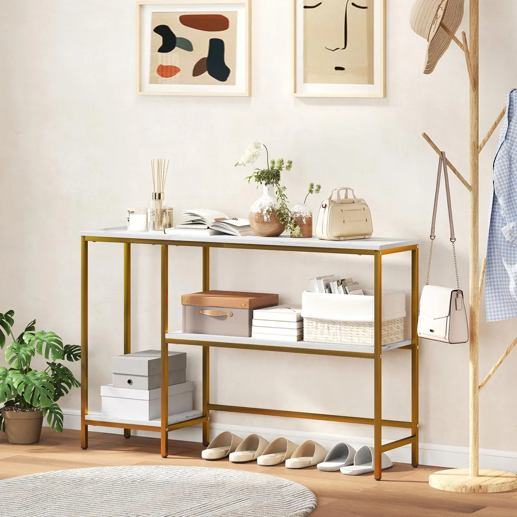 Console 120 cm gain de place : rangement chic blanc et doré marbre