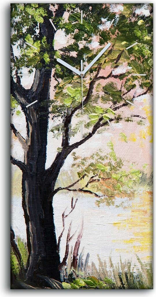 Wanduhr Uhr Wandbild Leinwand 30x60 Bäume Wasser Büsche See Landschafts - weiße Hände