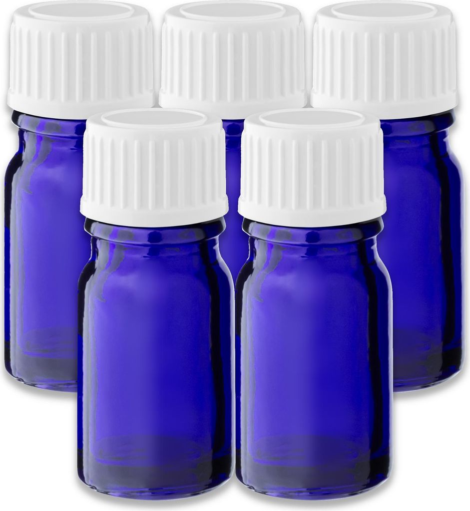 5x Blaue Glasflasche 5 ml mit weißem PP-Schraubverschluss Kappe leer