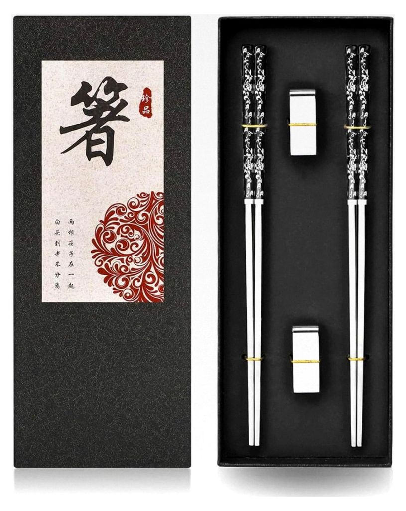 Edelstahl Essstäbchen Set mit Halterung, 2 Paare, wiederverwendbar, leicht zu reinigen, mit gemusterter Oberfläche für Küche und Zuhause