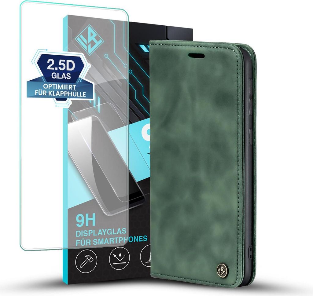 Handy Hülle für Samsung Galaxy A41 mit 9H Displayglas Klapphülle Bookcase Flip Cover Handy Tasche Etui Farbe: Grün