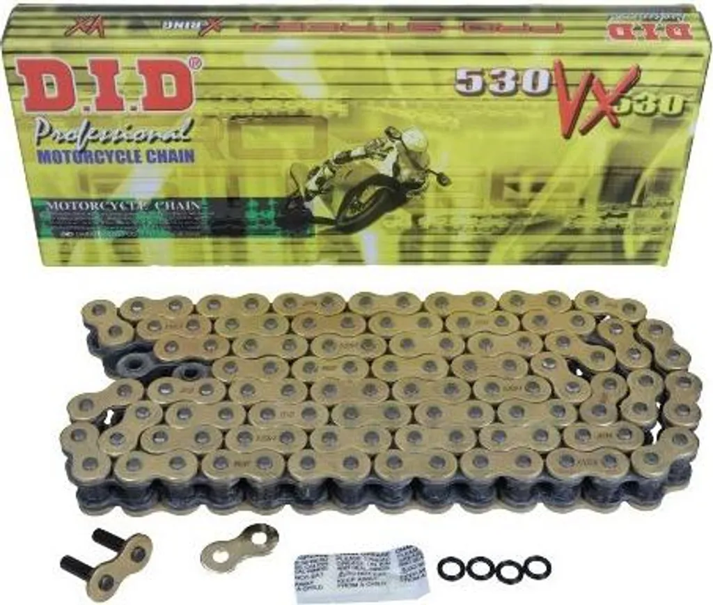 Chaîne DID 530 VX 104 maillons dorée renforcée X-Ring pour moto