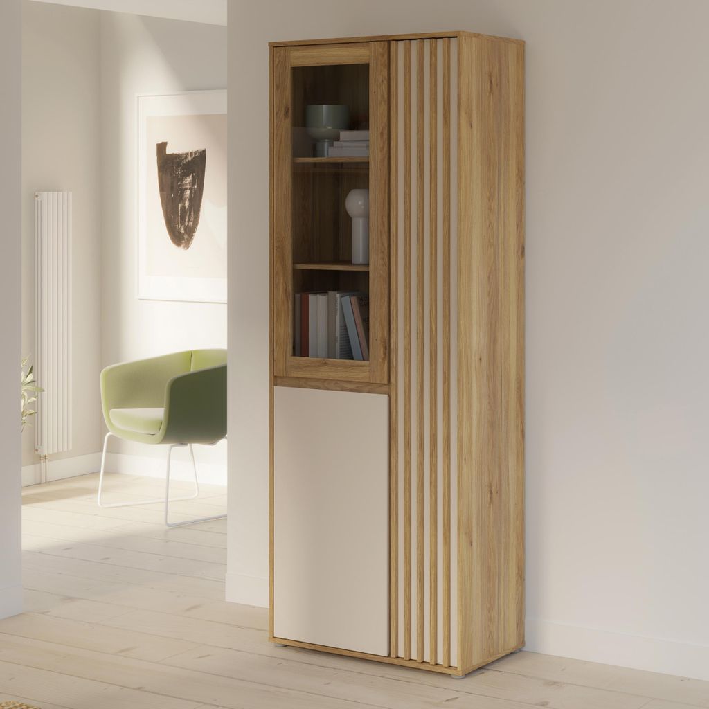 Forte ELISTON Vitrine 70 80, moderner Schrank mit Lamellendesign, 3-türig, Wohn-/Schlafzimmer, Mauvella Eiche Holzdekor|Kashmir Beige, 74 cm brei...