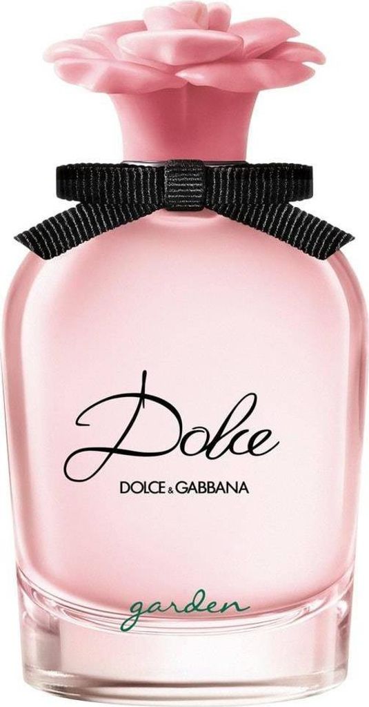 A pink perfume bottle with a pink flower-shaped cap and a black ribbon bow.