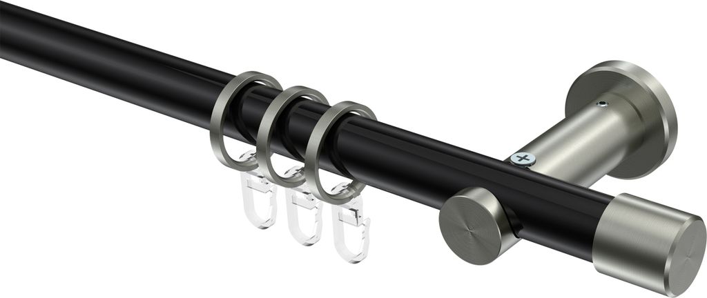 Interdeco Gardinenstange / Vorhangstange Schwarz / Edelstahl-Optik, Typ Platon Santo (Kappe), 20 mm Ø 1-läufig, 180 cm