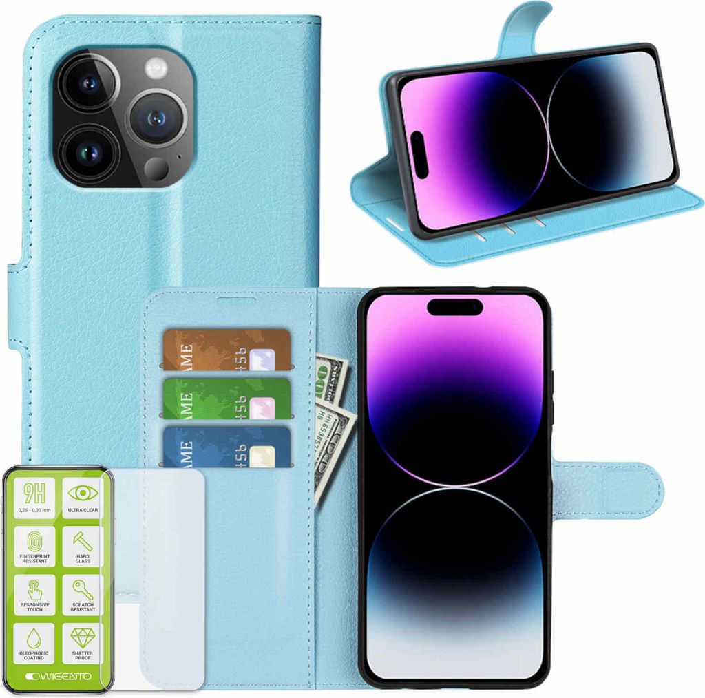 Für Apple iPhone 15 Pro Max Handy Tasche Hellblau Etuis Kunst-Leder Hülle Case + H9 Hart Glas