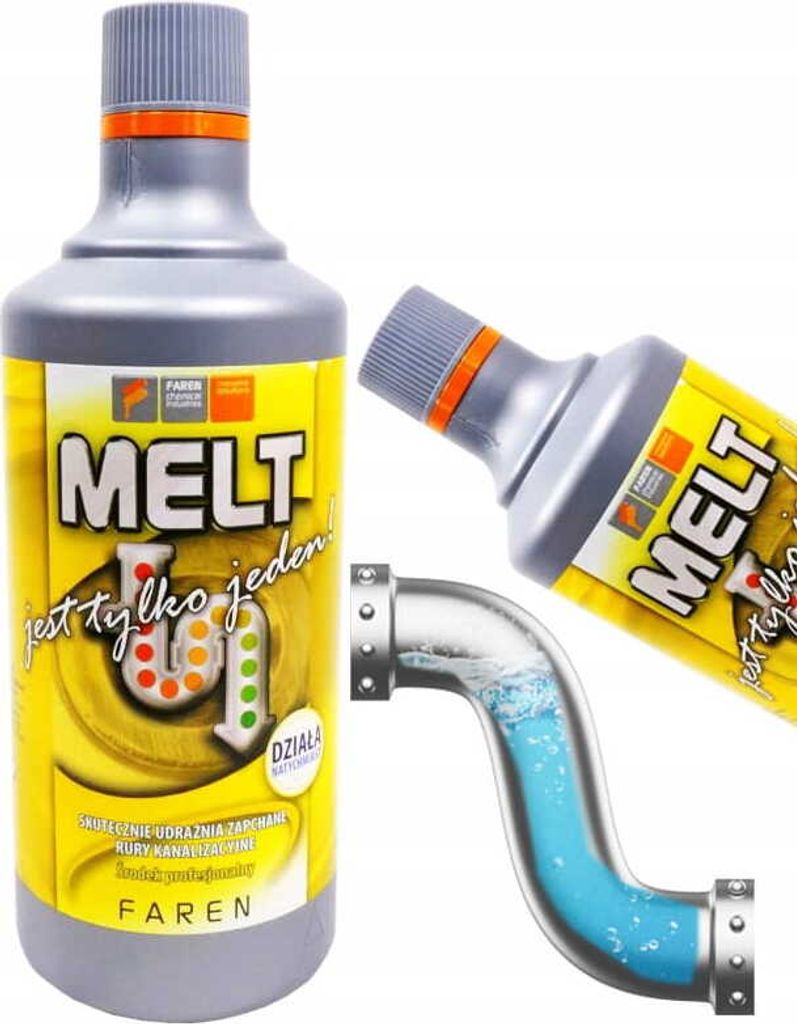 A product shot of a bottle of drain cleaner with a graphic of a pipe and flowing liquid.