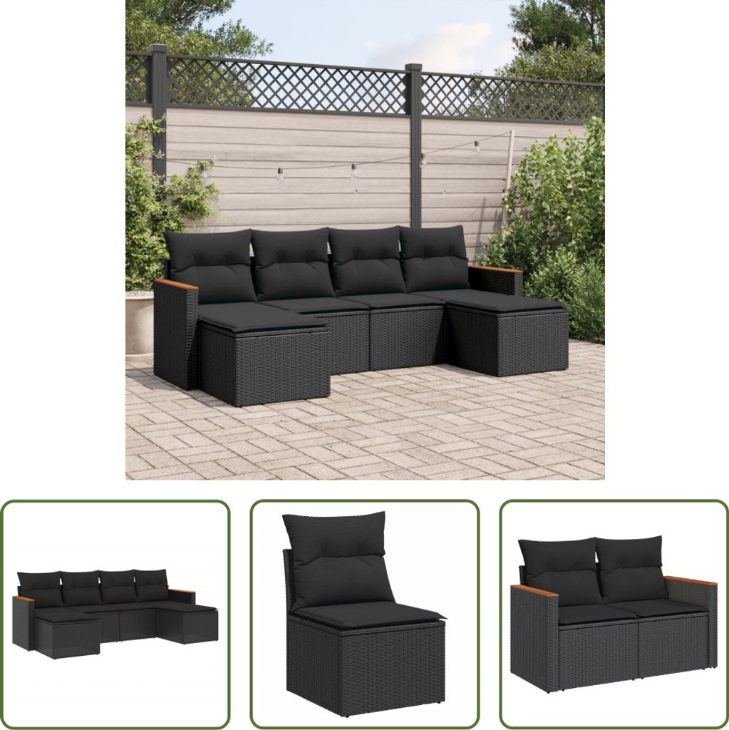 The Living Store 6-tlg. Garten-Sofagarnitur mit Kissen Schwarz Poly Rattan