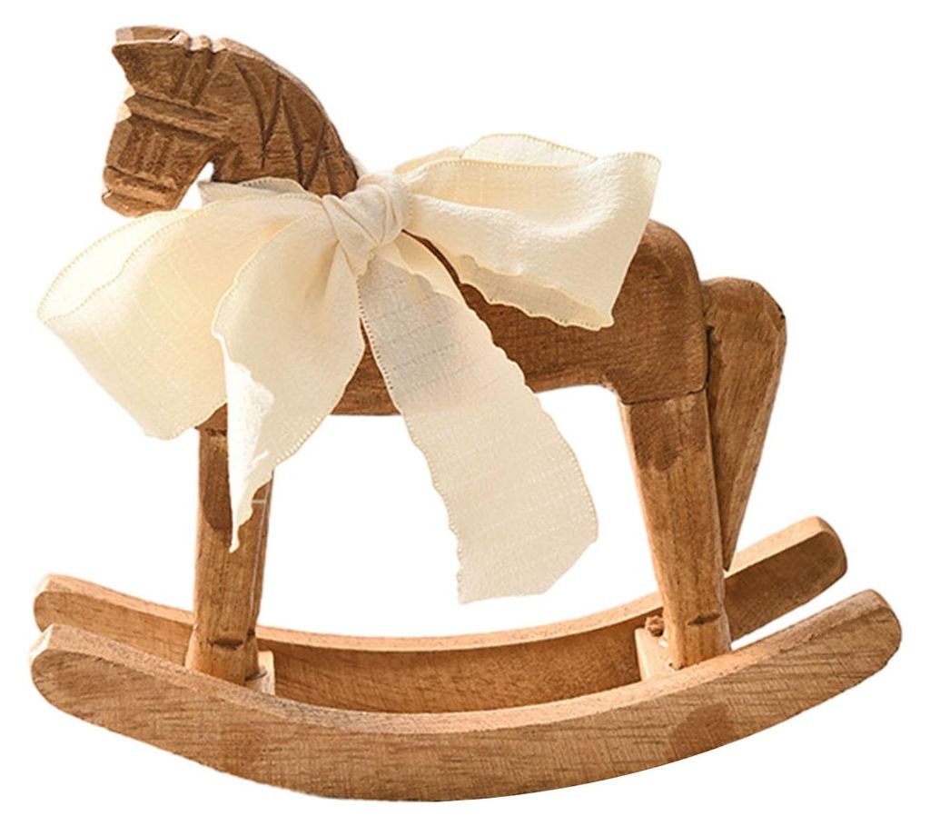 Schaukelpferd-Figur aus Holz mit Schleife, handgefertigte Schaukelpferd-Statue, kinetische Schreibtischdekoration für Zuhause, Büro oder Wohnzimmer.