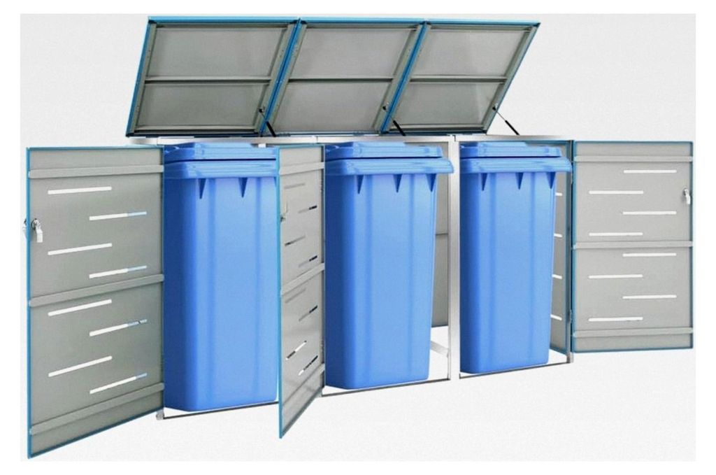 Mülltonnenbox für 3 Tonnen 207x77,5x112,5 cm aus Edelstahl und verzinktem Stahl, Mülltonnenverkleidung in Blau