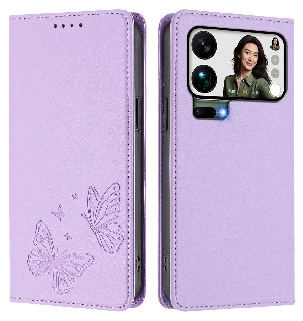 Lederhülle für Xiaomi 17 Pro Max, Schmetterling Prägung Leder Brieftasche Schutzhülle mit Ständer Violett