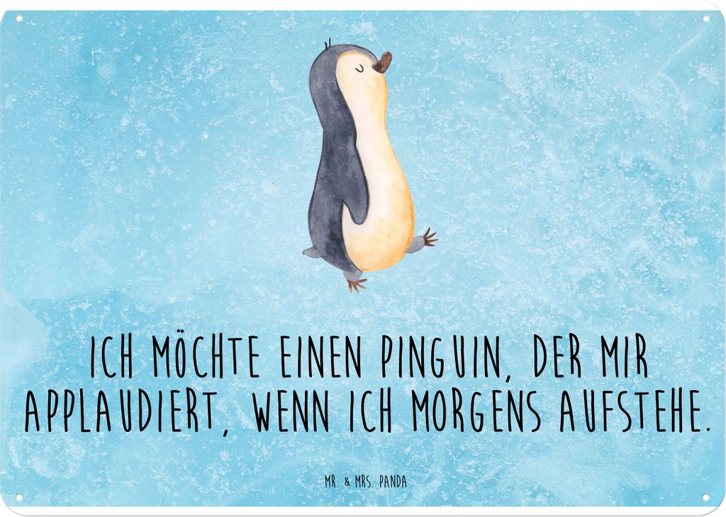 Mr. & Mrs. Panda Blechschild Pinguin marschieren DIN A4 - Eisblau - Geschenk, Schild, Pinguine, Retro, Schwester, Bruder, Aufstehen, Türschild, Wa...