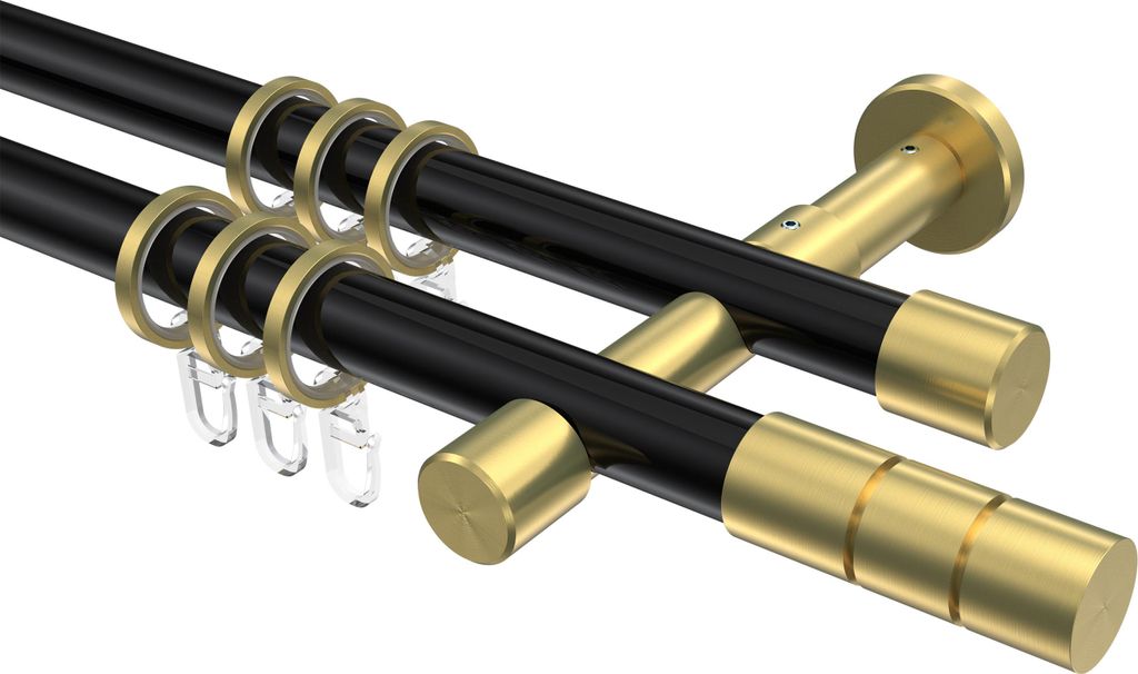 Interdeco Gardinenstange / Vorhangstange Schwarz / Messing-Optik, Typ Prestige Elanto (Rillenzylinder), 20 mm Ø 2-läufig, 240 cm