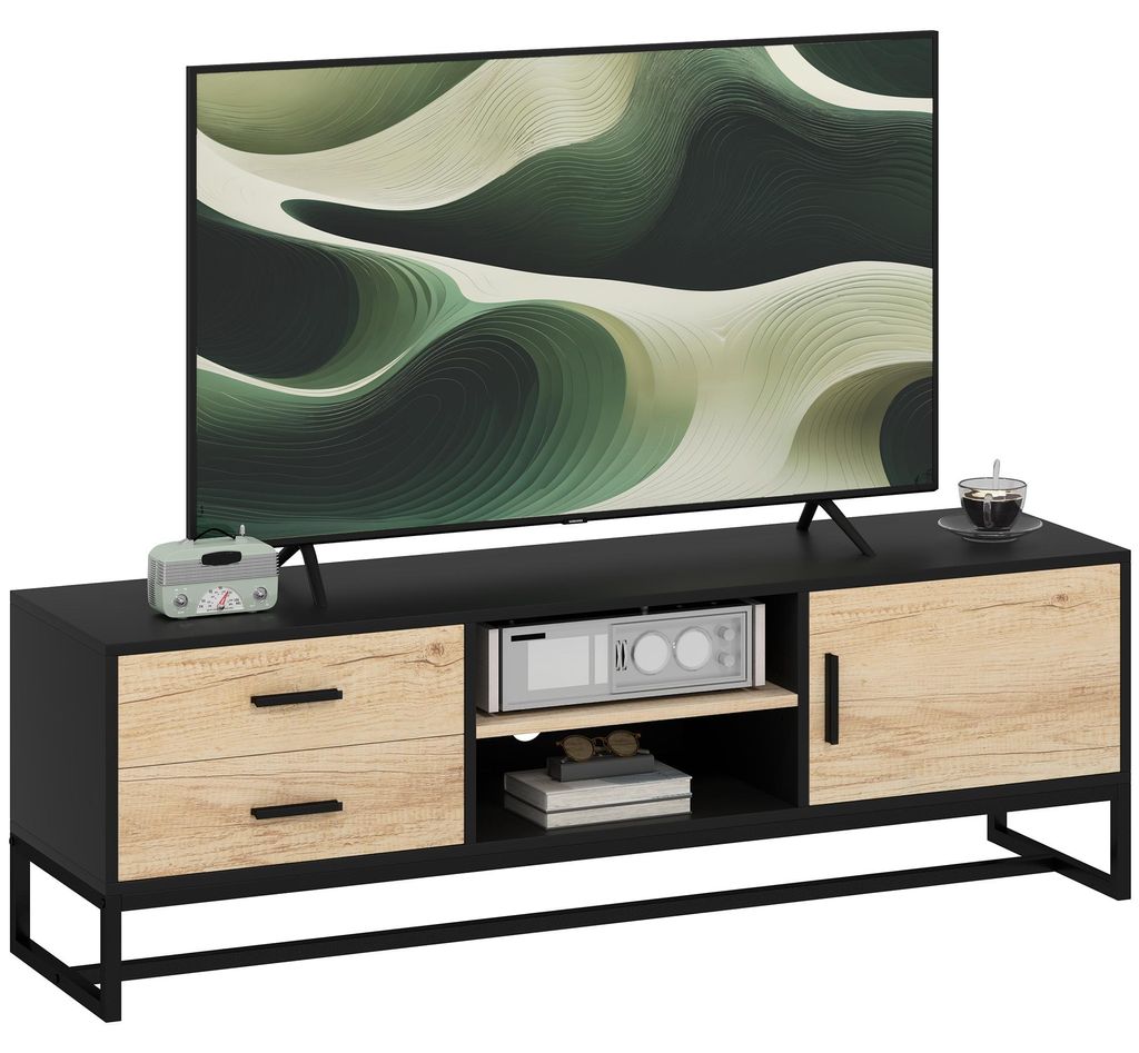 TV-Schrank mit Tš¹r. 2 Schubladen. offene F?cher. verstellbares Regal. Schwarz