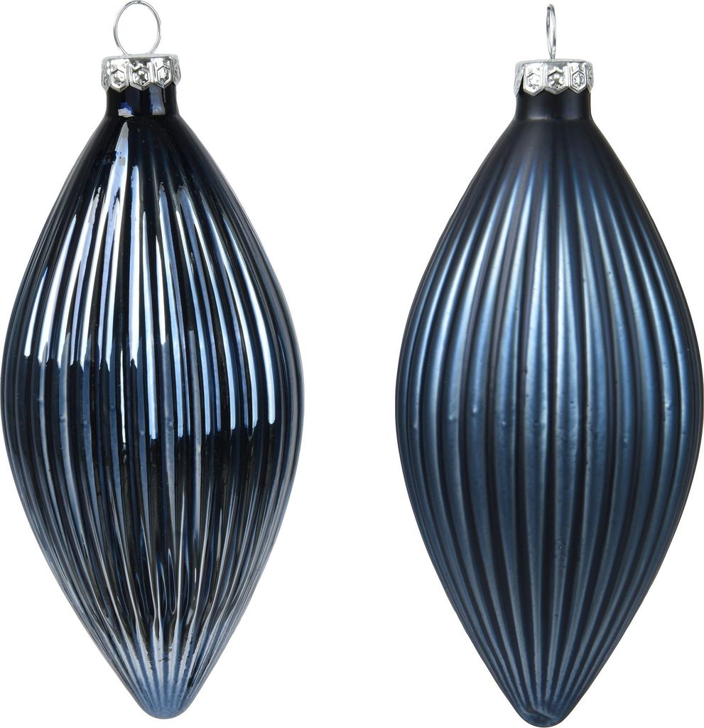 Christbaumschmuck Glas Olive 13cm 3 Stück geriffelt - Nachtblau