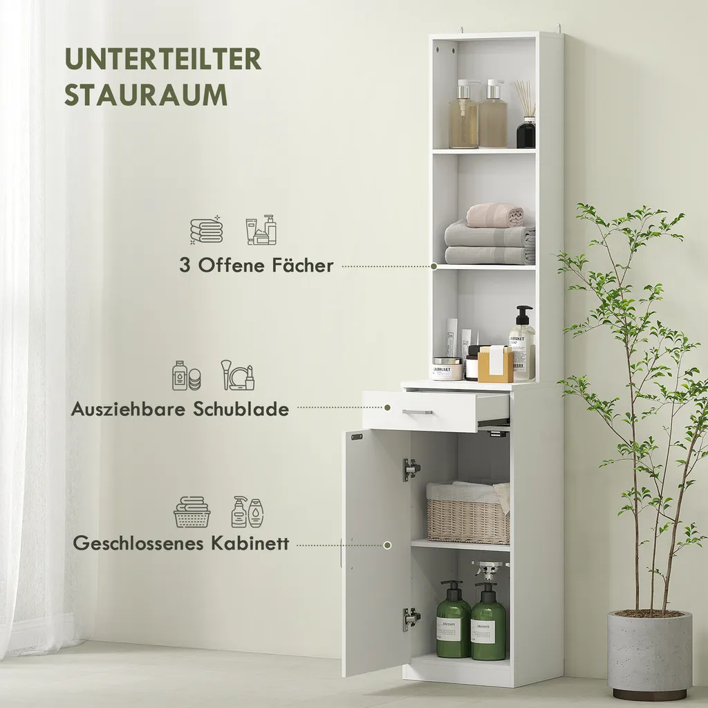 HOMCOM Armadio da bagno alto Armadio da bagno alto stretto con cassetto, anta, ripiani regolabili, per bagno, soggiorno 35 x 30,5 x 179 cm Bianco