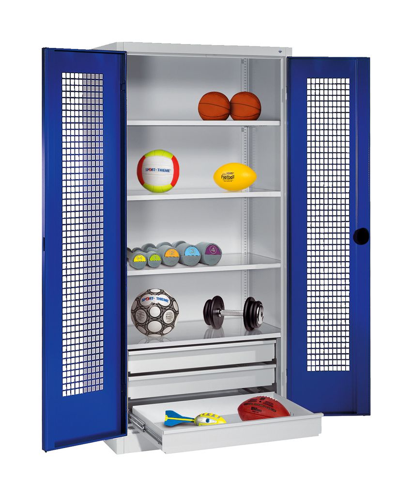 C+P Sportgeräteschrank mit Schubladen und Lochblech-Flügeltüren (Typ 4), HxBxT 195x120x50 cm, Ergo-Lock Muldengriff, Enzianblau (RAL 5010), Lich...