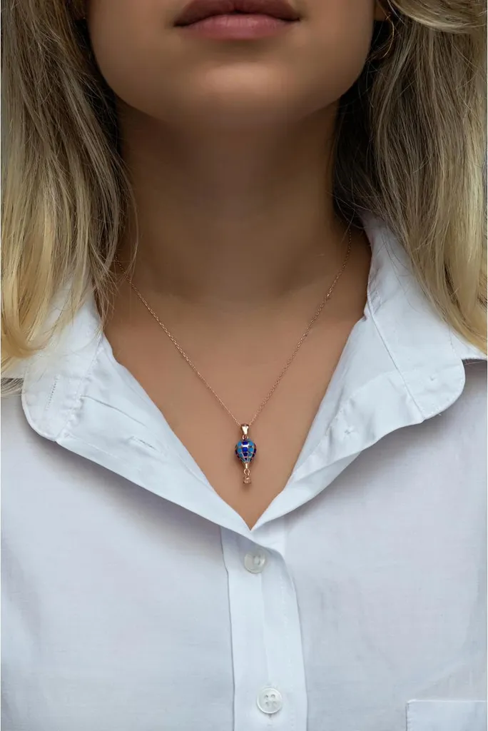 Collier en argent avec pendentif montgolfière 3D or rose ajustable - 3
