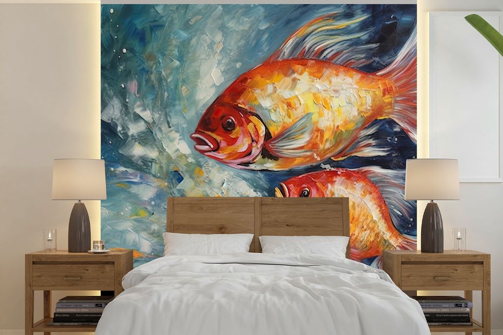 MuchoWow Fototapete für Wohnzimmer oder Schlafzimmer Wandtapete Vinyl Motivtapete Fisch - Wasser - Tiere - Kunst - Ölfarben - 300x300 cm - Wand...