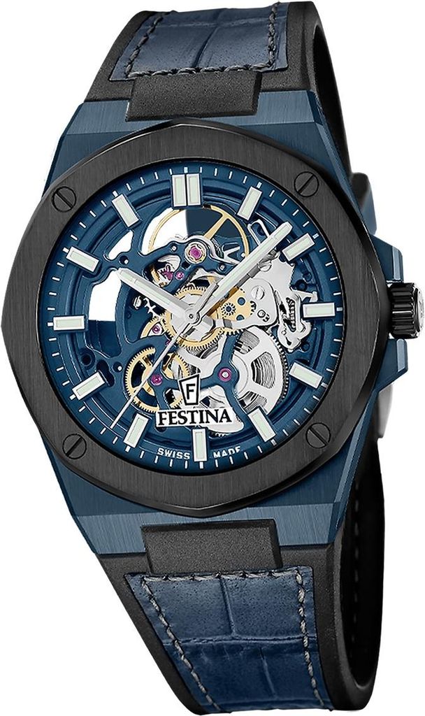 Festina Herrenuhr Automatik Armbanduhr Leder blau D2UF22011/1