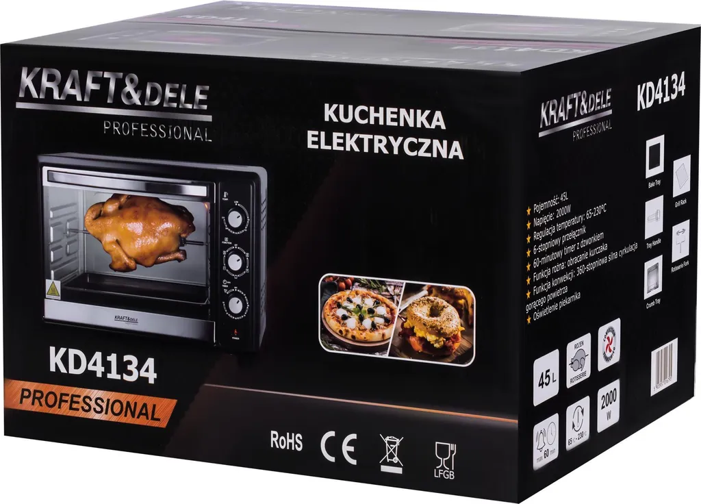 KRAFT&DELE | Mini forno, forno a convezione da tavolo, 45 L, 2000 W, illuminazione interna, 6 funzioni, temperatura fino a 230 °C, doppia porta in vetro, spiedo girevole incluso, calore superiore, calore inferiore, ventilazione, frontale in vetro a specchio - 11