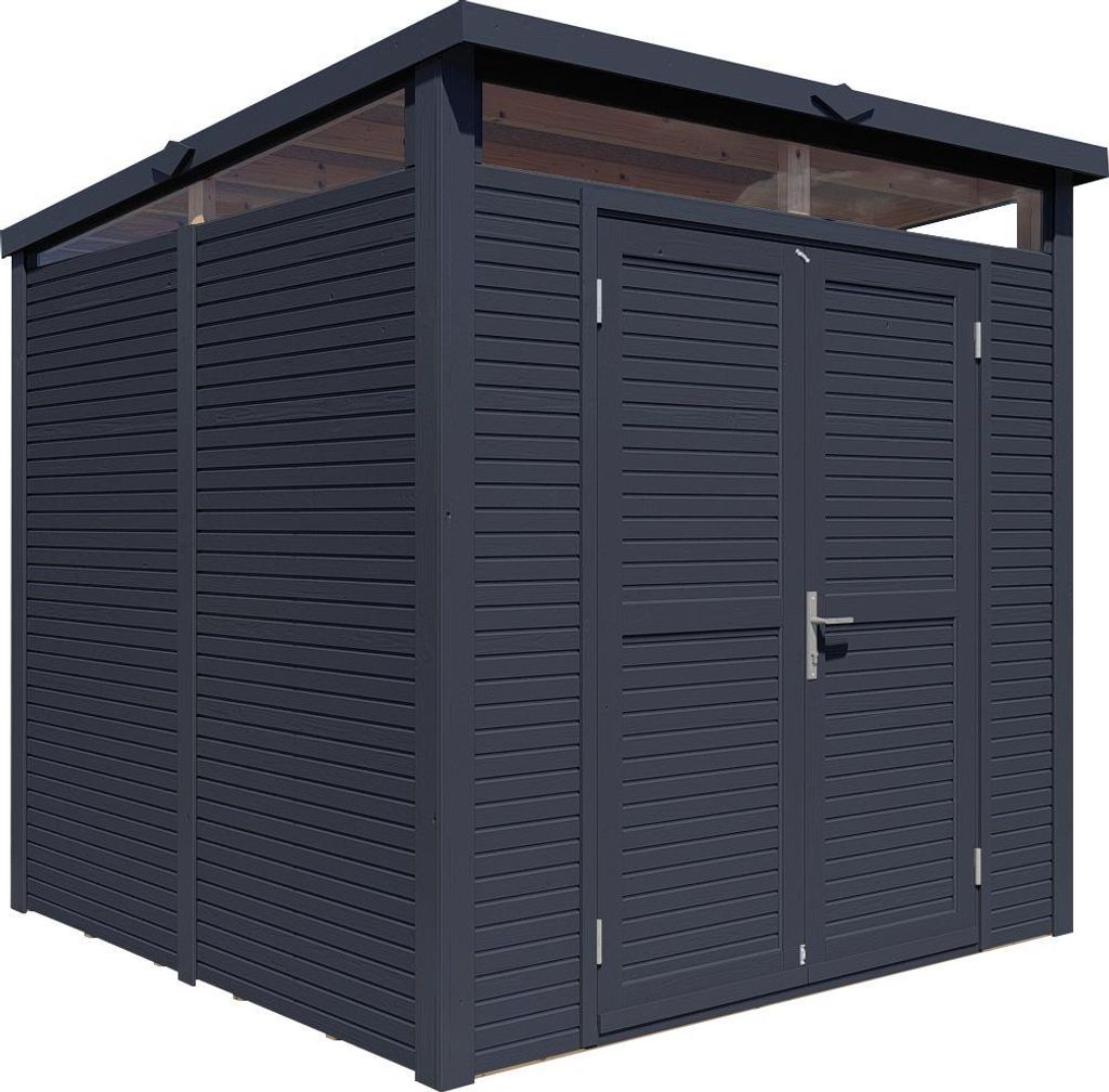 WOODTEX Anthrazit Gartenhaus Pentos 5,11 m² Grundfläche, Rhombusprofil 18 mm Wandstärke, Fichtenholz, Pultdach, Mit Doppeltür Und Fenstern, Ele...